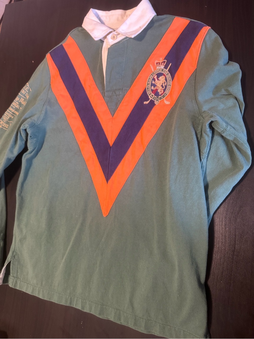 Polo by Ralph Lauren Green Rugby Shirt with Orange & Navy V-Stripes